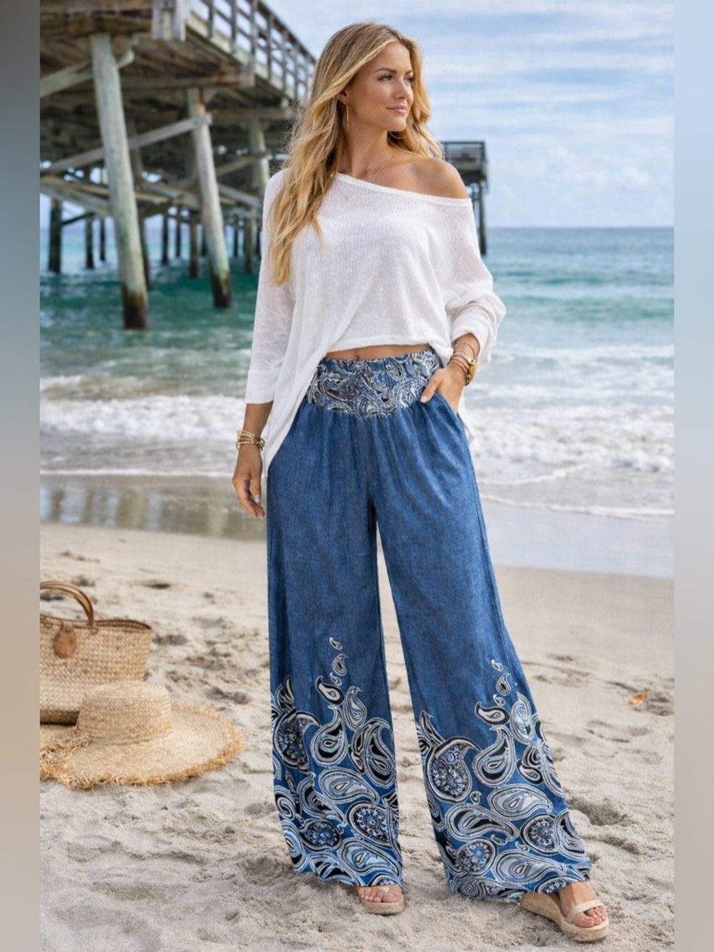 MELISSA PAIGE,Soft, Flowy, Loose-Fit Pants, Elastic Waist,Perfect, Size Medium